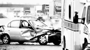 A car with severe front end damage.