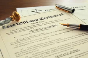 A last will and testament and a fountain pen on a table.