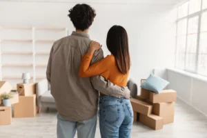 Young couple admiring their new living space after moving.
